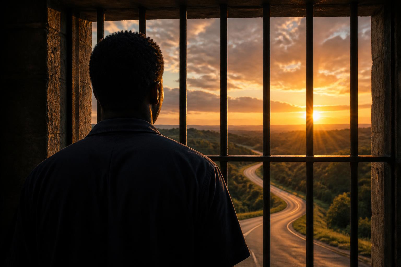 Man in jail looking toward sunset over hills